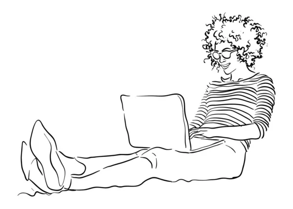 Flicka Som Sitter Sängen Och Arbetar Med Laptop — Stock vektor