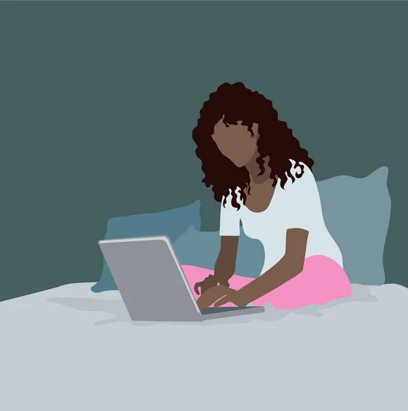 Κορίτσι Που Κάθεται Στο Κρεβάτι Και Εργάζεται Laptop Στο Κοινωνικό — Διανυσματικό Αρχείο