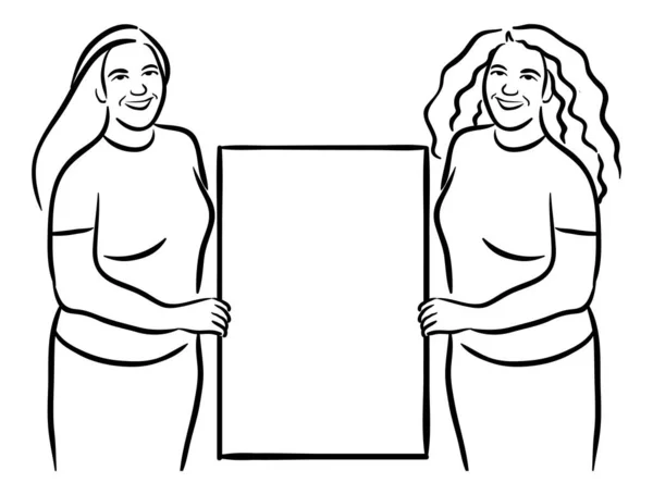 Dwie Młode Kobiety Holding Blank Sign Stock Ilustracja Wektor Linii — Wektor stockowy