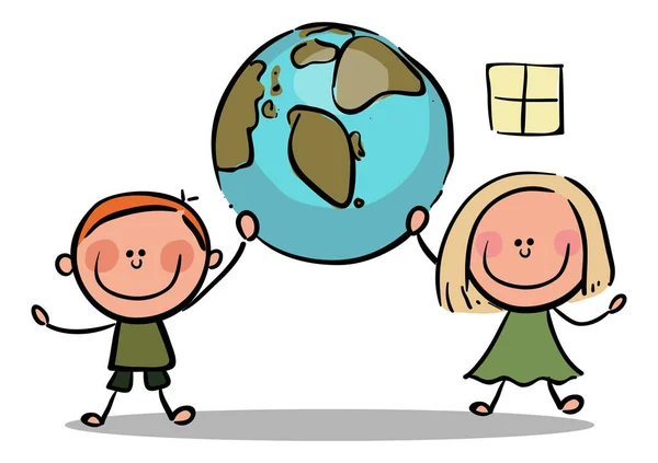 Stick Figuur Kinderen Houden Planeet Aarde Voorraad Illustratie Vector — Stockvector