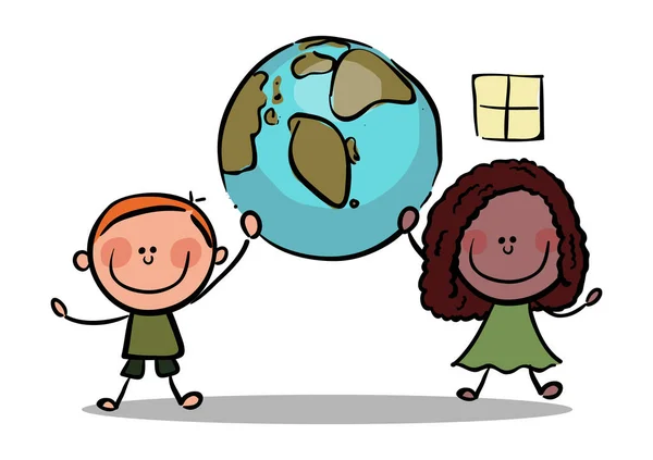 Stick Figure Kids Holding Planet Earth Stock Illustratio — Stock Vector