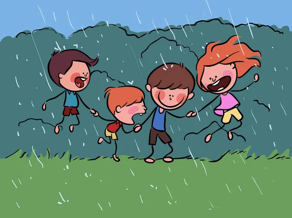 Glada Barn Leker Regniga Dagen Vår Europa Illustration Vektor — Stock vektor