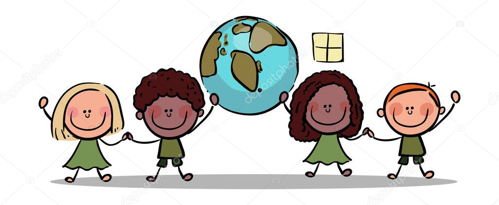 Stick Figure Kids holding planet earth stock illustration, Vector Save Earth Concept