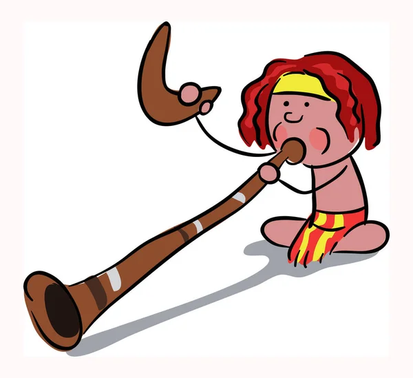 Aranyos Afrikai Őslakos Fiú Játszik Didgeridoo Stock Illusztráció — Stock Vector