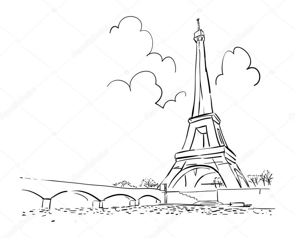 Paris Eiffel tower line style stock illustration isolated in white background