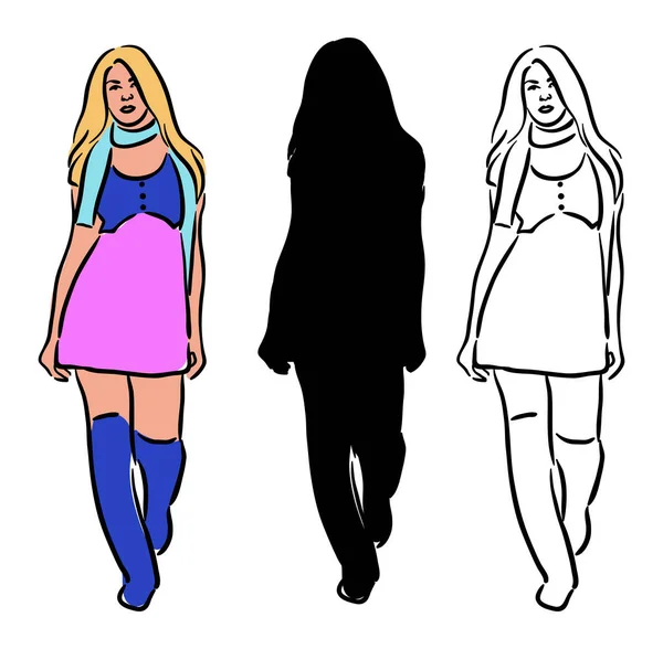 Pasarela Ilustración Stock Vector Moda Mujeres Rampa Caminando — Vector de stock