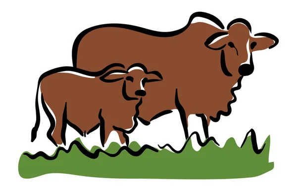 Cow Calf Together Green Ground Vector Illustration — Stock Vector