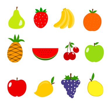 Meyve simgesi beyaz arkaplan üzerine sabitlenmiş düz biçim illüstrasyonu