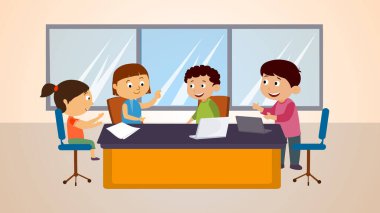 Gruptaki çocuklar çizgi film çocuk çizim vektörünü tartışıyor