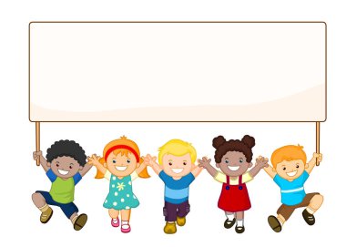 Beyaz arka planda izole edilmiş afiş illüstrasyon vektörü tutan mutlu çocuklar