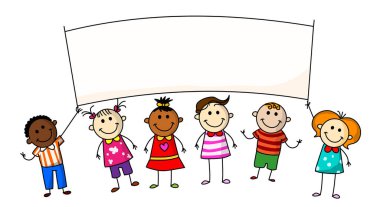 Beyaz arka planda izole edilmiş afiş çubuğu figürü tutan mutlu çocuklar