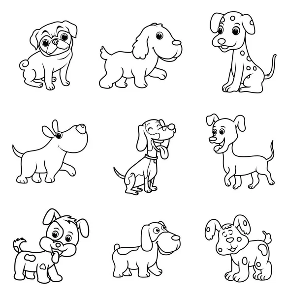 Beyaz arkaplanda izole edilmiş çizgi köpek çizim vektörü kümesi