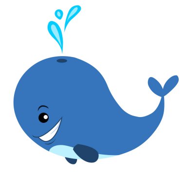 Çizgi film mavi balina vektör çizimi beyaz arkaplanda izole