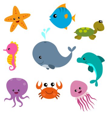Beyaz arkaplanda izole edilmiş vektör illüstrasyonunun çizgi film deniz yaşamı kümesi