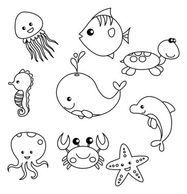 Beyaz arkaplanda deniz yaşamı vektörü siyah illüstrasyon kümesi