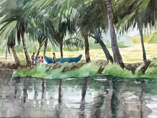 Water color land scape painting with coconut trees