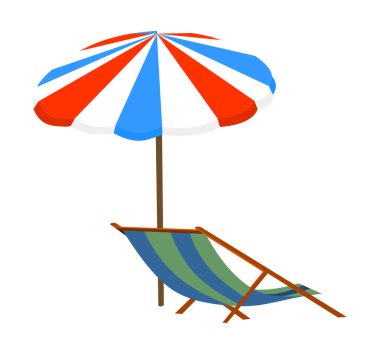 Plaj sandalyesi ve şemsiye veterineri beyaz arka planda izole edilmiş.