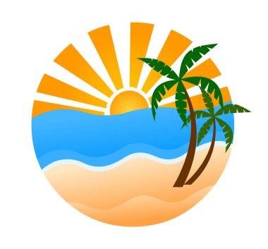 Beyaz arka planda yükselen güneş ve palmiye ağaçlı plaj logosu simgesi 