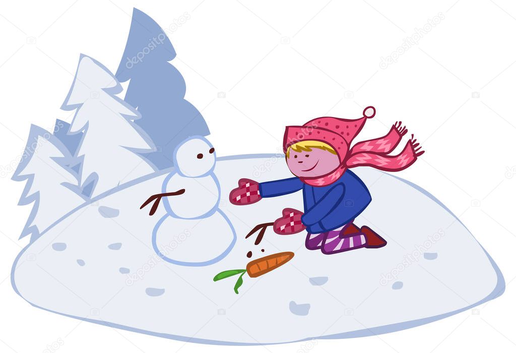 Cute girl and snowman cartoon illustration vector