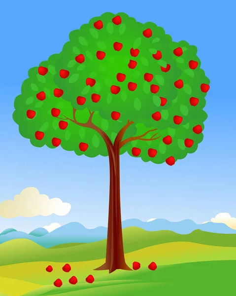 Apple Εικονογράφηση Δέντρο Φωτεινό Ουρανό Φόντο Καλοκαιρινό Πεδίο Όμορφο Διάνυσμα — Διανυσματικό Αρχείο