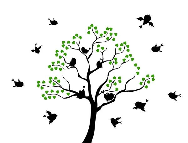 Árbol Elegante Con Siluetas Aves Voladoras Aisladas Sobre Fondo Blanco — Vector de stock