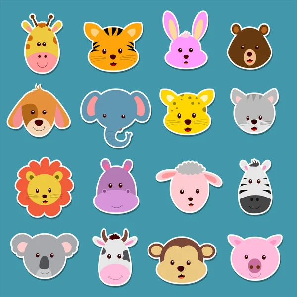 Pegatinas Cara Animal Dibujos Animados — Vector de stock