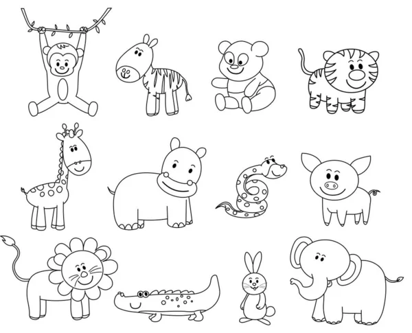 Çizgi film hayvanları, siyah çizgi çizim vektörü çizimi çizdiler