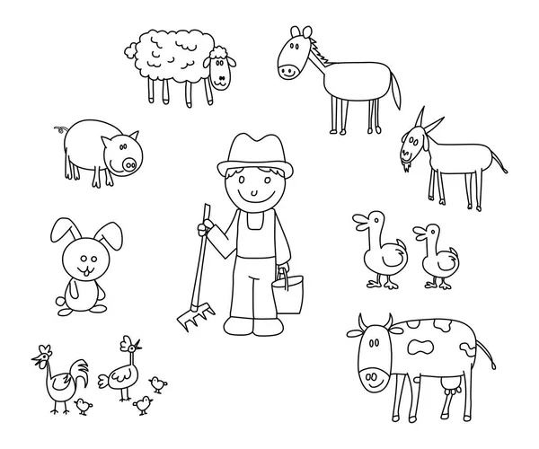 Agricultor Con Animales Granja Línea Negra Dibujo Ilustración Dibujos Animados — Archivo Imágenes Vectoriales