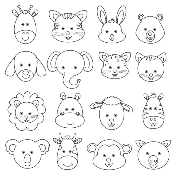 Conjunto Dibujos Animados Animal Cara Vector Ilustración Dibujo Línea Negra — Vector de stock