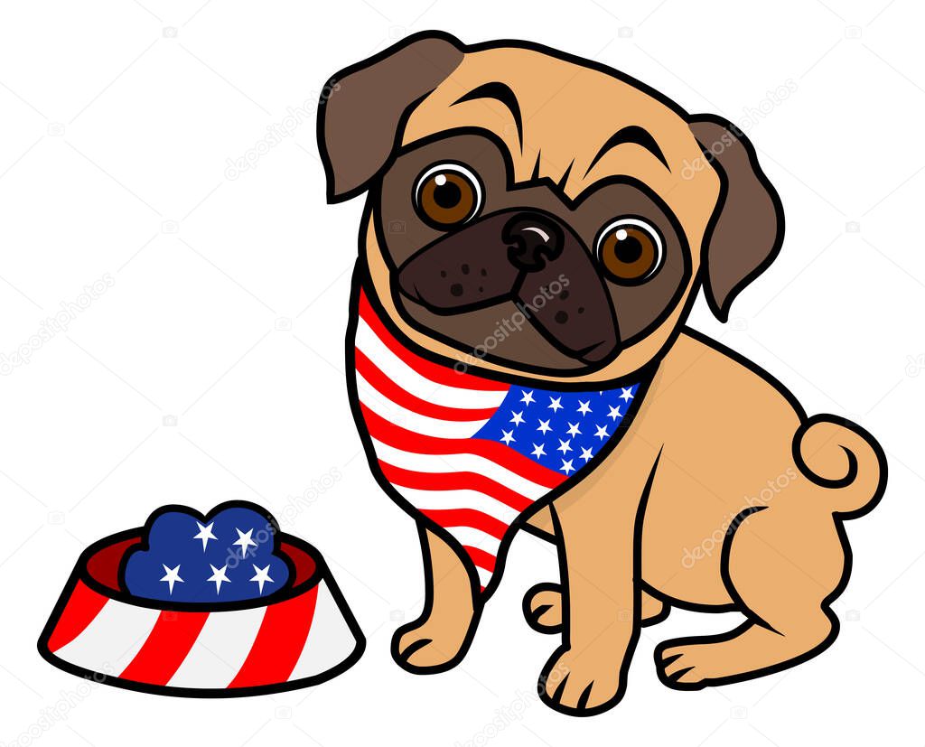 Patriotic dog cute pug with dog food vector illustration