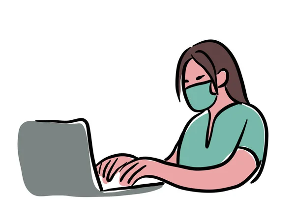 Mulher Com Máscara Trabalhando Computador —  Vetores de Stock