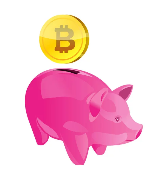 Piggy Vector Orilla Con Bitcoin Oro — Vector de stock