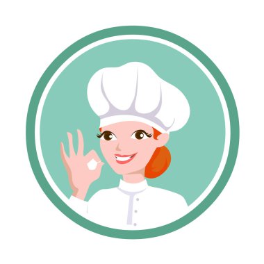 Şef kadın konuk. Tamam. Vektör logosu.