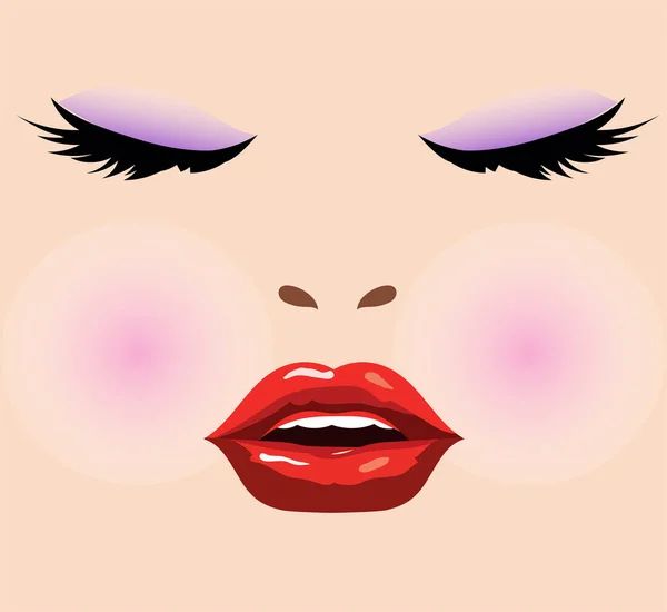 Close Famale Face Red Lips Female Eye Lash Illustration — Stock Vector