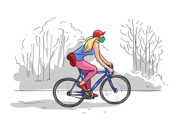 Chica Montar Bicicleta Usar Máscara Facial Ilustración — Vector de stock