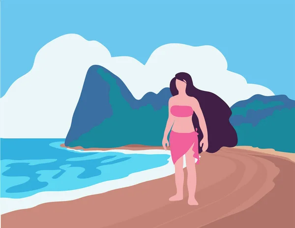 Schöne Mädchen Strand Meer Und Berg Hintergrund — Stockvektor