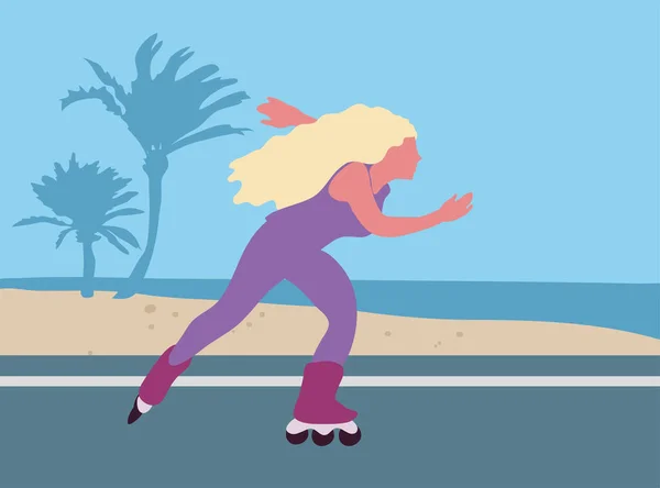 Mujer Joven Patinando Junto Playa — Vector de stock