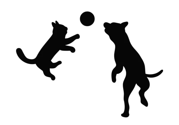 Gato Perro Jugando Silueta Negra — Vector de stock