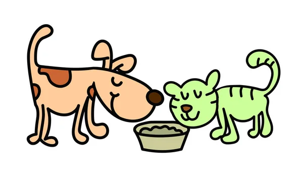 Kedi ve köpek yemeği paylaşıyor.