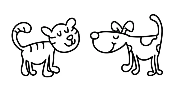 Kat Hond Cartoon Zwart Wit Lijn Tekening — Stockvector