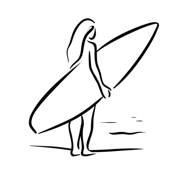 Mädchen Bereit Zum Surfen Line Art — Stockvektor