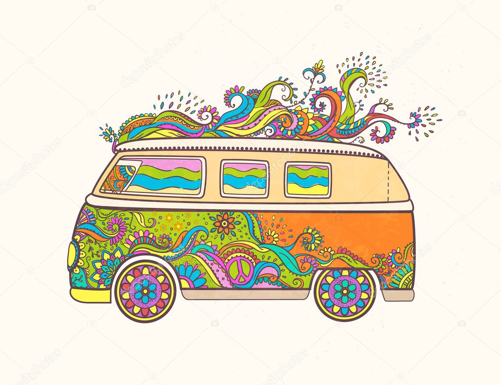 Hippie vintage car a mini van. Love and Music with hand-written fonts, hand-drawn doodle background and textures. Hippy color vector illustration. Retro 1960s, 60s, 70s, Woodstock Music and Art Fair.