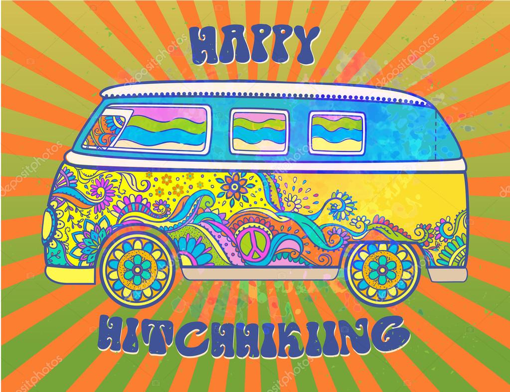 Hippie vintage car a mini van. Love and Music with hand-written fonts, hand-drawn doodle background and textures. Hippy color vector illustration. Retro 1960s, 60s, 70s, Woodstock Music and Art Fair.