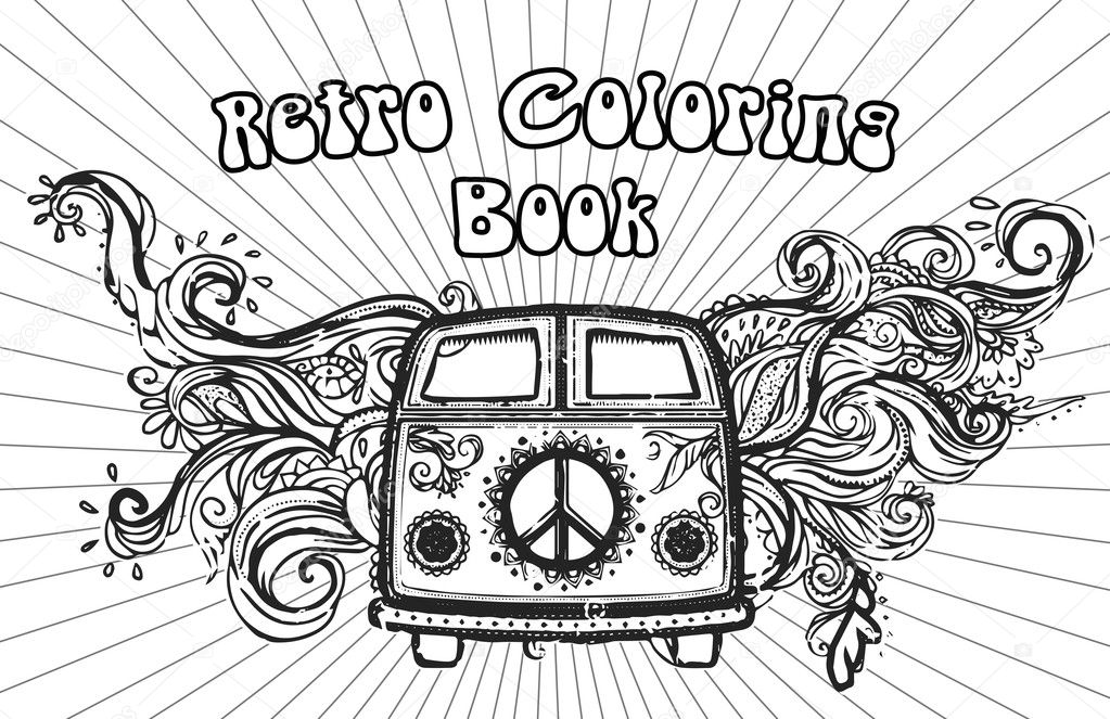Hippie vintage car a mini van Ornate background Love and Music with hand-written fonts hand-drawn doodle background and textures Hippy color vector illustration Retro 1960s 60s, 70s Woodstock festival
