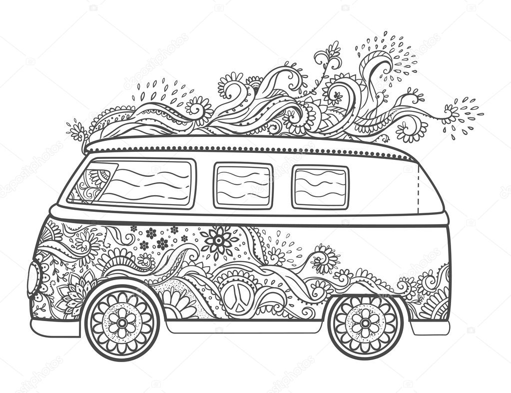 Hippie vintage car a mini van. Love and Music with hand-written fonts, hand-drawn doodle background and textures. Hippy color vector illustration. Retro 1960s, 60s, 70s, Woodstock Music and Art Fair.