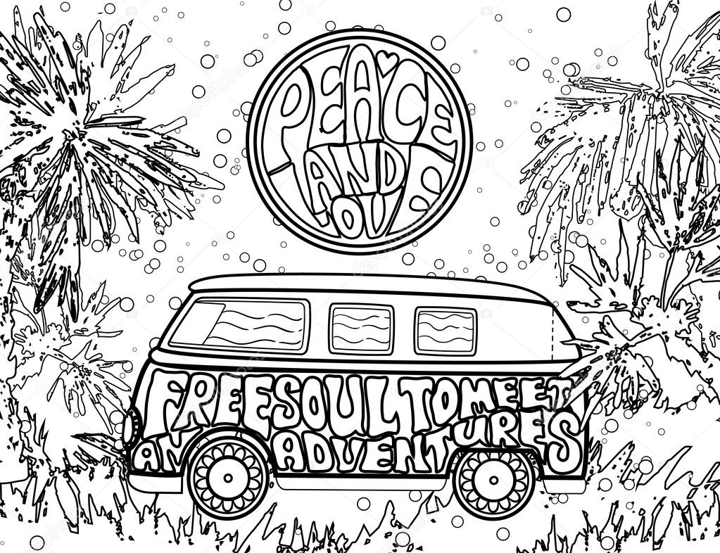 Hippie vintage car a mini van. Ornamental background. Love and Music with hand-written fonts. Adult Coloring book. . Hippy color vector illustration. Retro 1960s, 60s, 70s