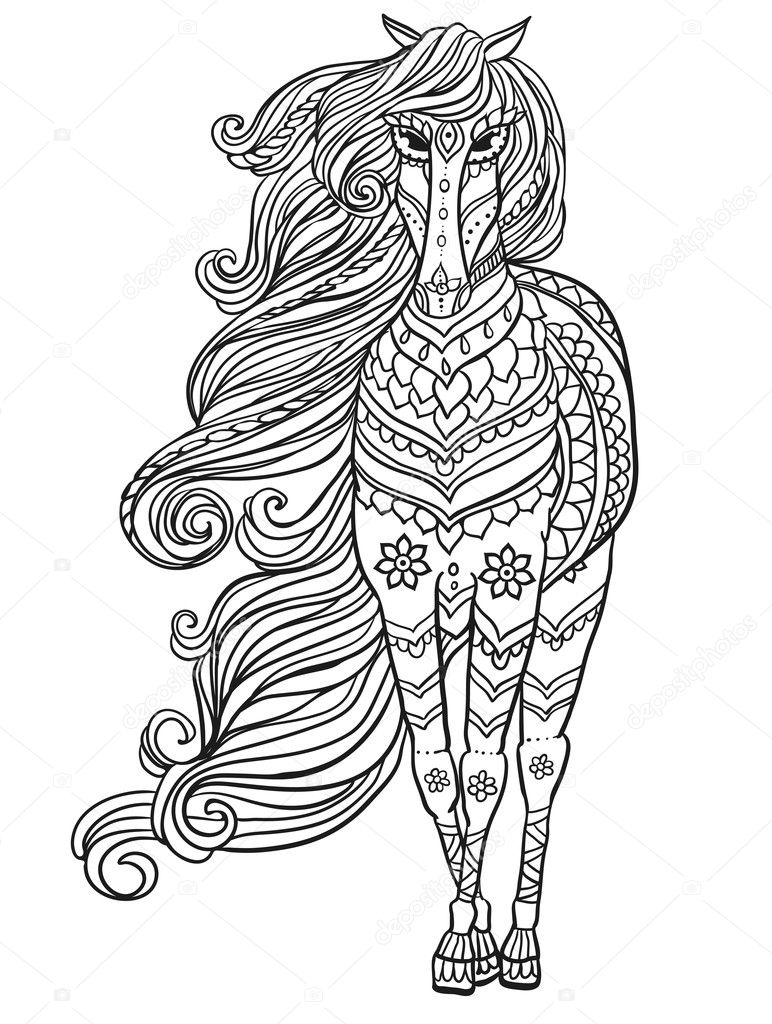 Ornament Horse vector. Beautiful illustration Horse for design, print clothing, stickers, tattoos, Adult Coloring book. Hand drawn animal illustration. Bohemian Horse lace