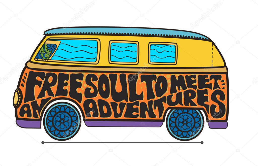 Hippie vintage car a mini van Ornate background Love and Music with hand-written fonts hand-drawn doodle background and textures Hippy color vector illustration Retro 1960s 60s, 70s Woodstock festival