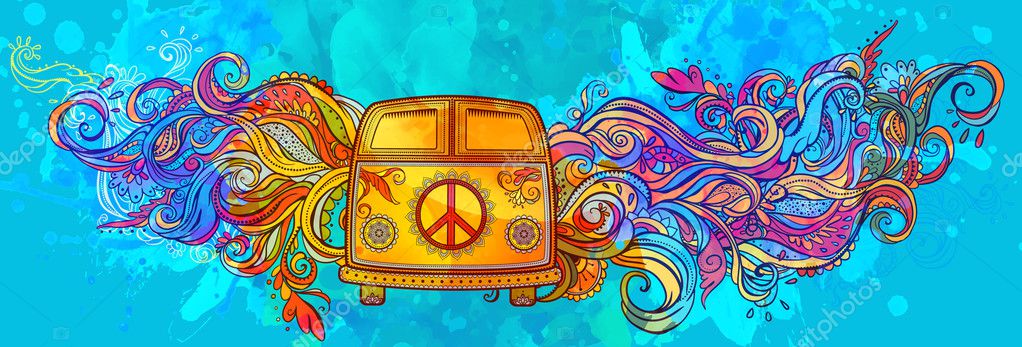 Hippie vintage car a mini van. Ornamental background. Love and Music with hand-written fonts, hand-drawn doodle background and textures. Hippy color vector illustration. Retro 1960s, 60s, 70s