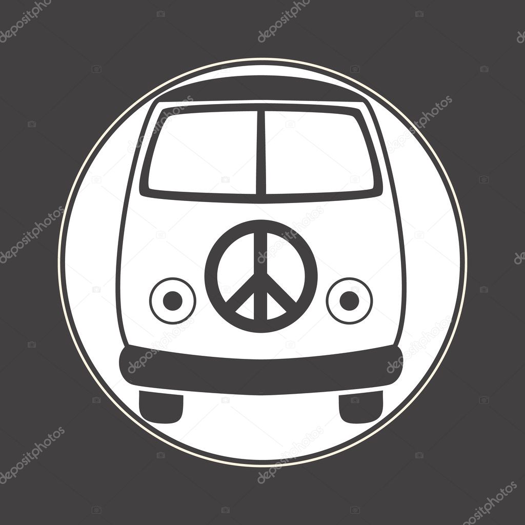 Hippie vintage car a mini van. Black background. Love and Music with hand-written fonts, Hippy color vector illustration. Retro 1960s, 70s